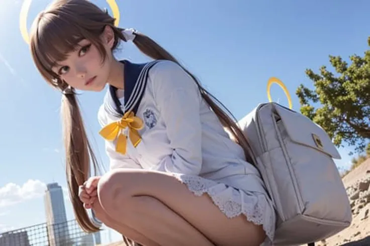 detailed RAW photo of a cute girl in a ruined city, (masterpiece, best quality, ultra detailed), extremely detailed CG unity 8k wallpaper, (best illumination, best shadow, an extremely delicate and beautiful halo), machanical halo, absurdres, ruined city, post-apocalypse,1girl, solo, long hair, light brown hair, yellow eyes, low twintails, school uniform, pleated skirt, ribbon, halo, bag, white panties, squatting, <lora:bluearchive_Ajitanihifumi:1>, hifumi \(blue archive\),