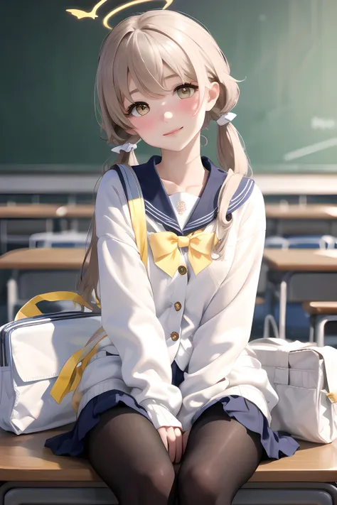 (masterpiece, best quality, highres, ultra detailed, detailed background:1.2), (beautifull, detailed face, detailed eyes), igirl, solo, school uniform, blue serafuku, white cardigan, long hair, light brown hair, low twintails, yellow eyes, black pantyhose, yellow bowtie, bag, halo, <lora:BA_AjitaniHifumi_epoch-000003:1.0>, classroom, sitting, on desk, embarrassed, parted lips, smile, full-face blush, head tilt, hand between legs,