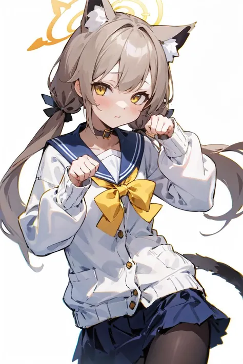(masterpiece, best_qualiity, highres, absurdres), official art, vsimple background,
1girl, animal ear fluff, animal ears, blue sailor collar, cardigan, cat ears, cat girl, hair flaps, halo, kemonomimi mode, light brown hair, looking at viewer, low twintails, paw pose, sailor collar, simple background, solo, twintails, white background, white cardigan, yellow eyes
hifumi \(blue archive\), <lora:ajitani_hifumi:0.7>
