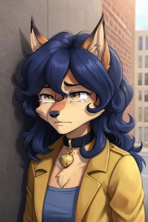 carmelita fox, well drawn face, well drawn eyes, high quality, 1 tail, yellow jacket, open jacket, sleeved rolled up, blue jeans, brown eyes, collar, brown belt, in a city, close up, <lora:carmelita-v1-novelai:1>, sad, crying, sad expression, leaning to a wall, head down, tears, in pain, desperate