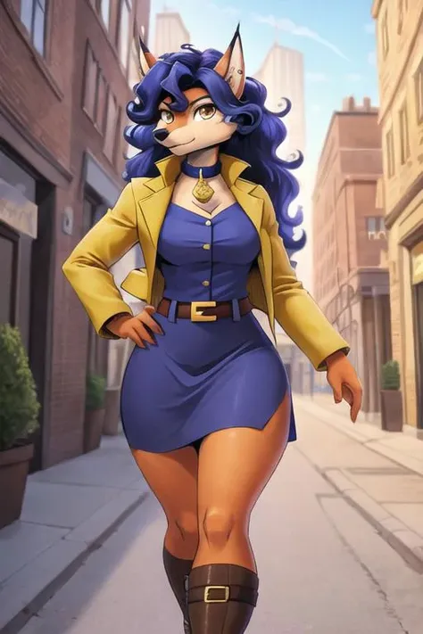 carmelita fox, well drawn face, well drawn eyes, high quality, 1 tail, serious, walking,yellow jacket, open jacket, sleeved rolled up, blue skirt, looking at viewer, brown eyes, collar, brown belt, in a city, close up, <lora:carmelita-v1-novelai:1>