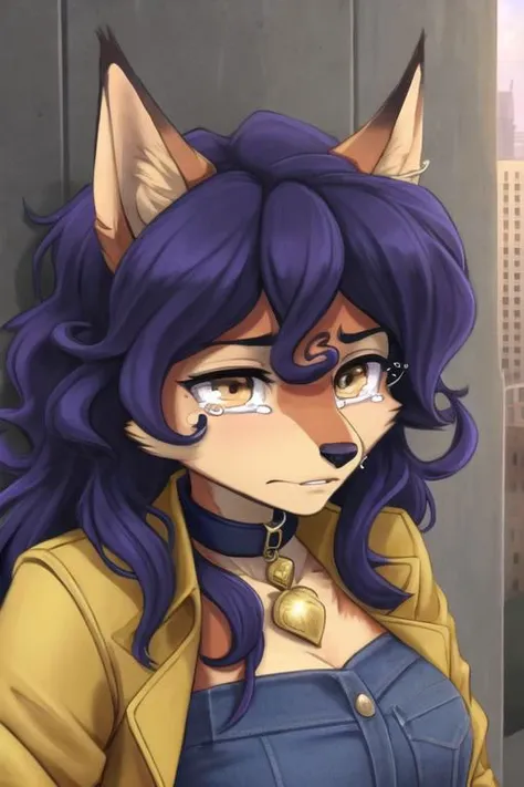 carmelita fox, well drawn face, well drawn eyes, high quality, 1 tail, yellow jacket, open jacket, sleeved rolled up, blue jeans, looking at viewer, brown eyes, collar, brown belt, in a city, close up, <lora:carmelita-v1-novelai:1>, sad, crying, sad expression, leaning to a wall, looking down, tears