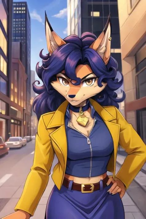 carmelita fox, well drawn face, well drawn eyes, high quality, 1 tail, serious, walking,yellow jacket, open jacket, sleeved rolled up, blue skirt, looking at viewer, brown eyes, collar, brown belt, in a city, close up, <lora:carmelita-v1-novelai:1>