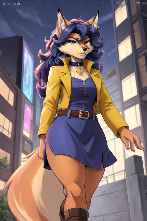 carmelita fox, well drawn face, well drawn eyes, high quality, 1 tail, serious, walking,yellow jacket, open jacket, sleeved rolled up, blue skirt, looking at viewer, brown eyes, collar, brown belt, in a city, close up, <lora:carmelita-v1-novelai:1>