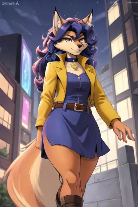 carmelita fox, well drawn face, well drawn eyes, high quality, 1 tail, serious, walking,yellow jacket, open jacket, sleeved rolled up, blue skirt, looking at viewer, brown eyes, collar, brown belt, in a city, close up, <lora:carmelita-v1-novelai:1>