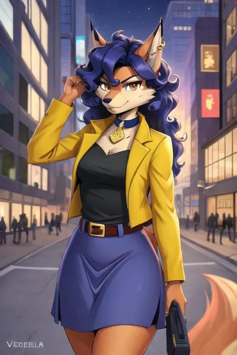 carmelita fox, well drawn face, well drawn eyes, high quality, 1 tail, serious, walking,yellow jacket, open jacket, sleeved rolled up, blue skirt, looking at viewer, brown eyes, collar, brown belt, in a city, close up, <lora:carmelita-v1-novelai:1>