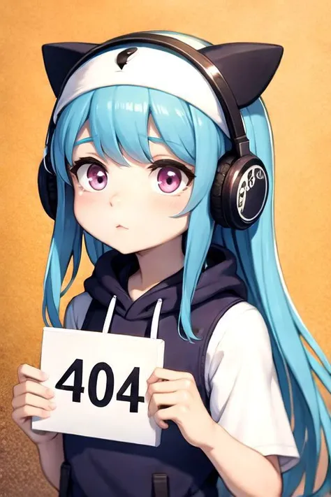 best quality, highest quality, masterpiece, absurdres, high resolution, 8k uhd, super resolution, megapixel, clean picture, smooth picture, high details, (symmetrical), simple background, 1girl, cat girl, (blue hair:1.1), long hair, pink headphones, pink eyes, ((cute)), beautiful, (sad:1.3), standing, ((holding sign:1.2)), numbers, (((sign with number "404" on it:1.2))), (sign with number, 404), (sign with number, "404"), ("404:"), (Incrs404:2.1),