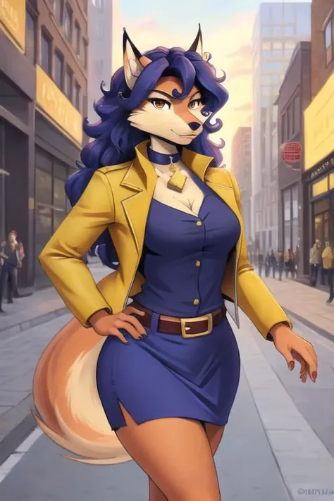 carmelita fox, well drawn face, well drawn eyes, high quality, 1 tail, serious, walking,yellow jacket, open jacket, sleeved rolled up, blue skirt, looking at viewer, brown eyes, collar, brown belt, in a city, close up, <lora:carmelita-v1-novelai:1>