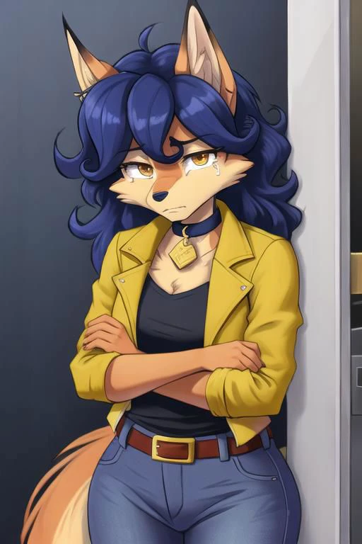 carmelita fox, well drawn face, well drawn eyes, high quality, 1 tail, yellow jacket, open jacket, sleeved rolled up, blue jeans, looking at viewer, brown eyes, collar, brown belt, in a city, close up, <lora:carmelita-v1-novelai:1>, sad, crying, sad expression, leaning to a wall, looking down, tears, in pain