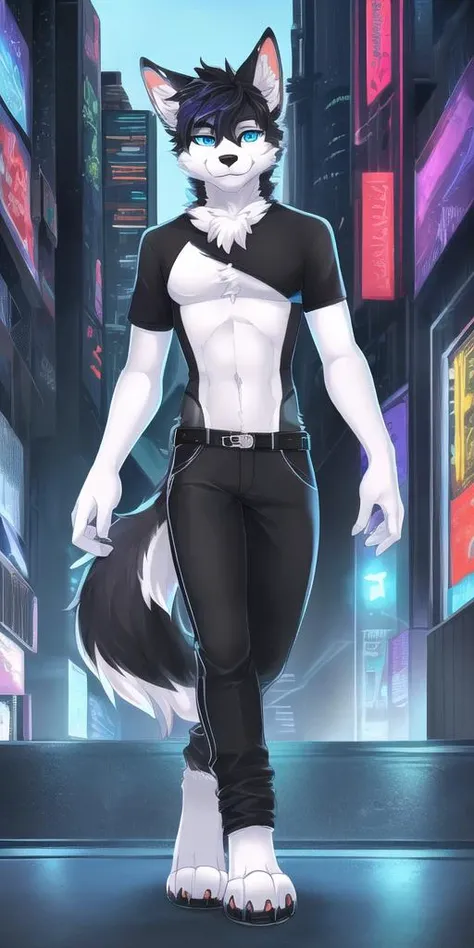 (furry art, Digital art, uploaded_on_e621:1.4, anthro furry:1.5), 1boy, husky, male, Solo_focus, cyberpunk, RTX on, outside, cyberpunk city, white paws, black hair, emo, black t shirt, white pants, muscular, bara, heterochromia, black fur, gray fur, Fluffy fur ,curl tail, detailed blue eyes, looking at viewer, (digital art, furry art)