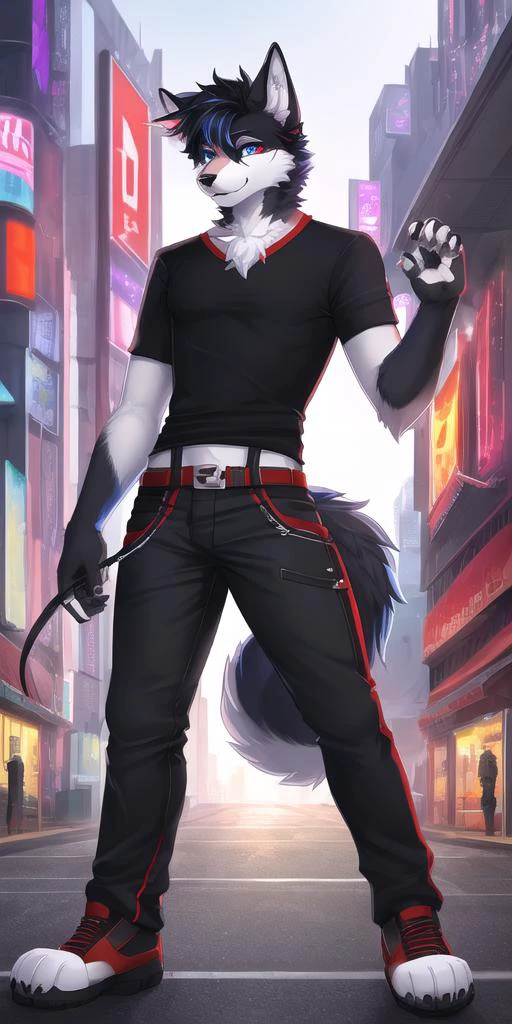 (furry art, Digital art, uploaded_on_e621:1.4, anthro furry:1.5), 1boy, husky, male, Solo_focus, cyberpunk, RTX on, outside, cyberpunk city, white paws, black hair, emo, black t shirt, white pants, muscular, bara, heterochromia, black fur, gray fur, Fluffy fur ,curl tail, detailed red and blue eyes, looking at viewer, (digital art, furry art)