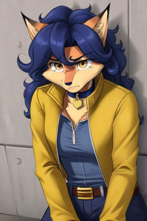 carmelita fox, well drawn face, well drawn eyes, high quality, 1 tail, yellow jacket, open jacket, sleeved rolled up, blue jeans, looking at viewer, brown eyes, collar, brown belt, in a city, close up, <lora:carmelita-v1-novelai:1>, sad, crying, sad expression, leaning to a wall, looking down, tears, in pain