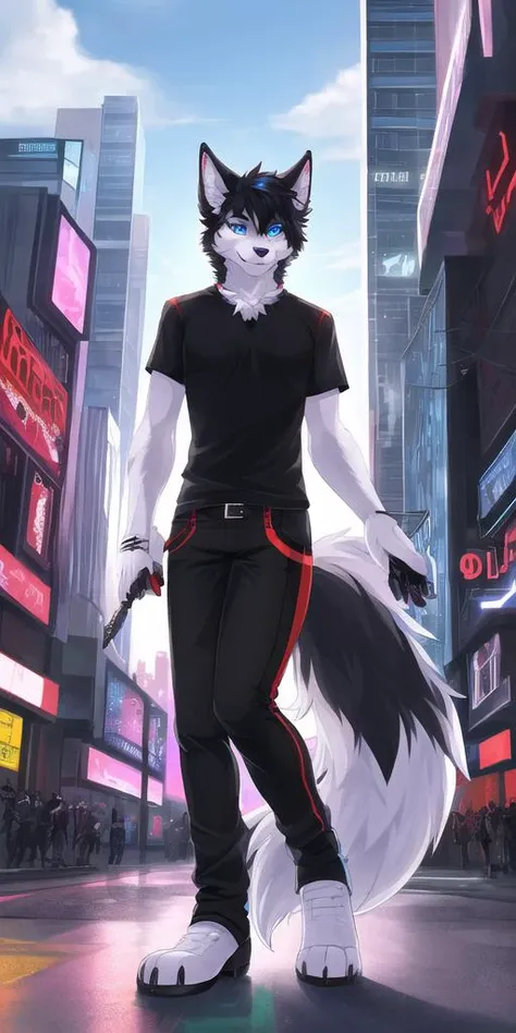 (furry art, Digital art, uploaded_on_e621:1.4, anthro furry:1.5), 1boy, husky, male, Solo_focus, cyberpunk, RTX on, outside, cyberpunk city, white paws, black hair, emo, black t shirt, white pants, muscular, bara, heterochromia, black fur, gray fur, Fluffy fur ,curl tail, detailed blue eye and red, looking at viewer, (digital art, furry art)