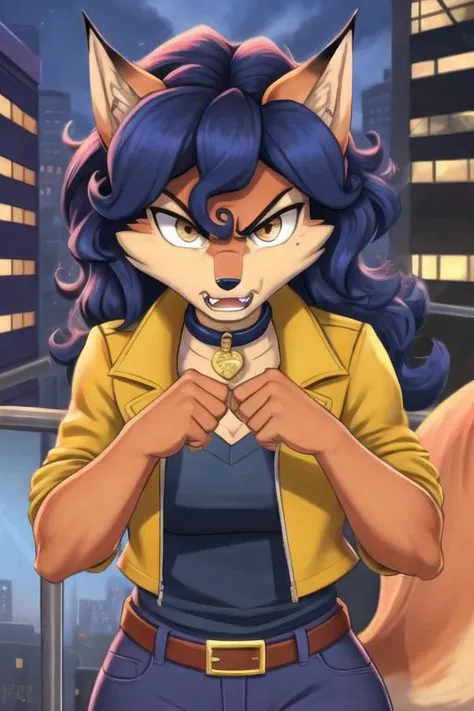 carmelita fox, well drawn face, well drawn eyes, high quality, 1 tail, yellow jacket, open jacket, sleeves rolled up, blue jeans, brown eyes, collar, brown belt, in a city, close up, <lora:carmelita-v1-novelai:1>, angry, angry expression, throwing a punch, looking at viewer, fighting stance, 5 fingers