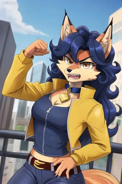 carmelita fox, well drawn face, well drawn eyes, high quality, 1 tail, yellow jacket, open jacket, sleeved rolled up, blue jeans, brown eyes, collar, brown belt, in a city, close up, <lora:carmelita-v1-novelai:1>, angry, angry expression, throwing you a punch, speed lines