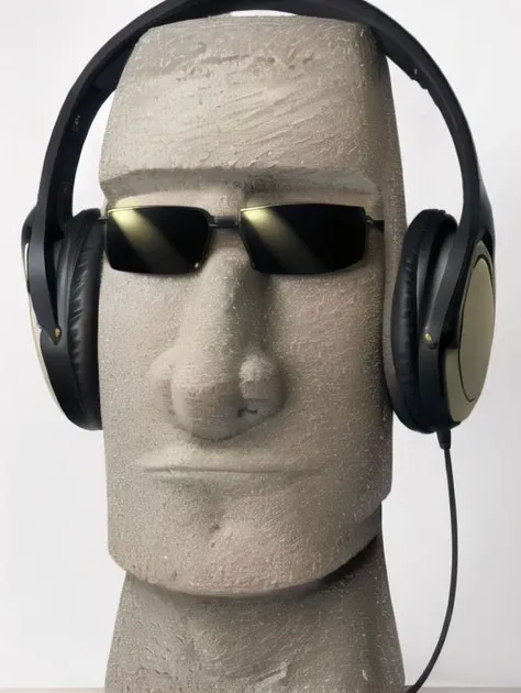 best quality, highest quality, masterpiece, high resolution, clean picture, smooth picture, high details, symmetrical, simple background,
sculpture, moai head, wearing headphones, black headphones, ((wearing sunglasses)),
mh,<lora:Moai-03:1>