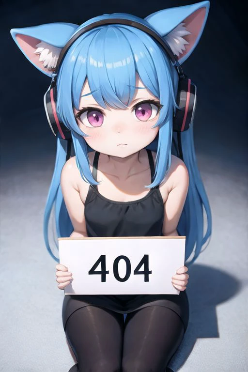 best quality, highest quality, masterpiece, absurdres, high resolution, 8k uhd, super resolution, megapixel, clean picture, smooth picture, high details, (symmetrical), simple background, 1girl, cat girl, (blue hair:1.1), long hair, pink headphones, pink eyes, ((cute)), beautiful, (sad:1.3), sitting down, ((holding sign:1.2)), numbers, (((sign with number "404" on it:1.2))), (sign with number, 404), (sign with number, "404"), ("404:"), (Incrs404:2.1),