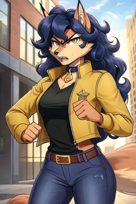 carmelita fox, well drawn face, well drawn eyes, high quality, 1 tail, yellow jacket, open jacket, sleeved rolled up, blue jeans, brown eyes, collar, brown belt, in a city, close up, <lora:carmelita-v1-novelai:1>, angry, angry expression, throwing you a punch, looking at viewer, fighting stance