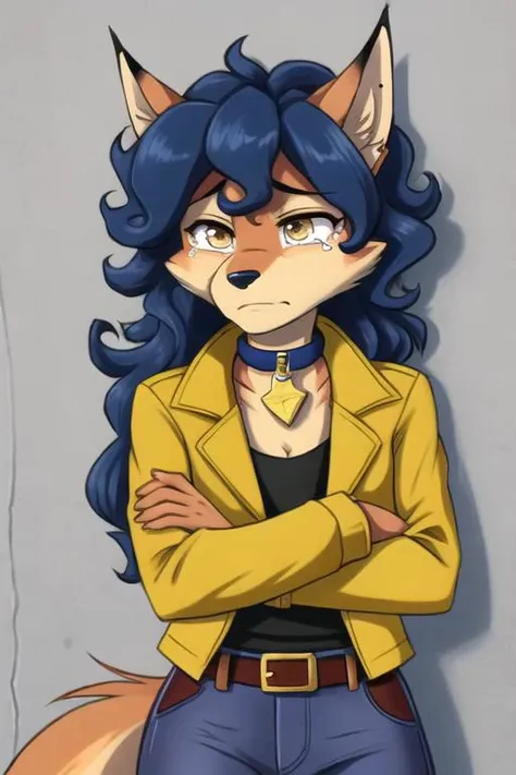 carmelita fox, well drawn face, well drawn eyes, high quality, 1 tail, yellow jacket, open jacket, sleeved rolled up, blue jeans, looking at viewer, brown eyes, collar, brown belt, in a city, close up, <lora:carmelita-v1-novelai:1>, sad, crying, sad expression, leaning to a wall, looking down, tears