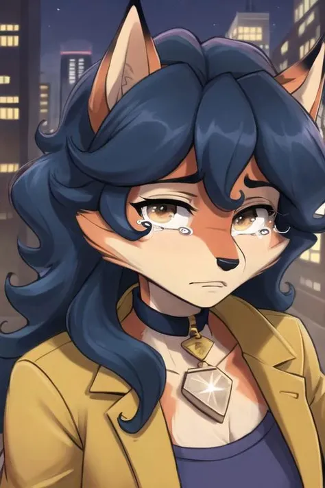 carmelita fox, well drawn face, well drawn eyes, high quality, 1 tail, yellow jacket, open jacket, sleeved rolled up, blue skirt, looking at viewer, brown eyes, collar, brown belt, in a city, close up, <lora:carmelita-v1-novelai:1>, sad, crying, sad expression