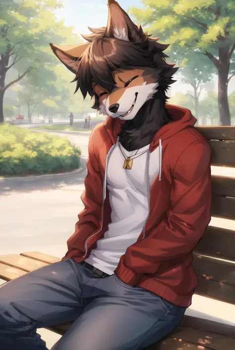 (furry art, Digital art, uploaded_on_e621:1.4, anthro furry:1.5), Dog, male, furry, anthropomorphic, wearing casual cloths, solo, outside, in park, siting on bench, in focus, face and upper body focus, looking at viewer, smiling with eyes closed (RTX lighting, Detailed)