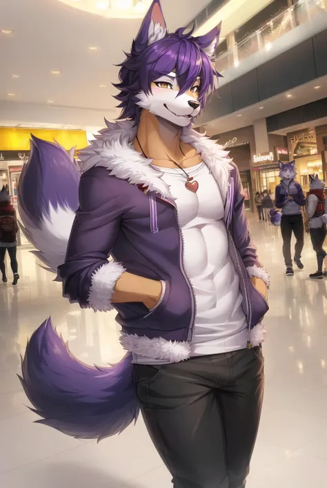 (furry art, Digital art, uploaded_on_e621:1.4, anthro furry:1.5), Husky, male, furry, anthropomorphic, wearing casual cloths, inside, mall, large fluffy tail, yellow fur with purple highlights, looking at viewer, (RTX lighting, Detailed)