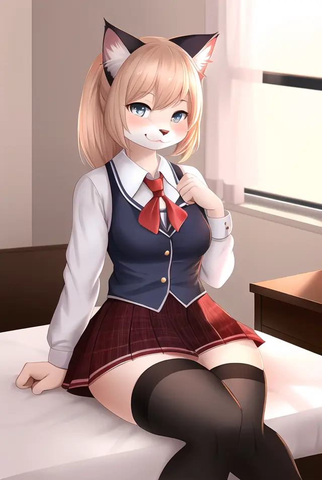 cat, furry, anthropomorphic, siting on bed, wearing a school girl outfit