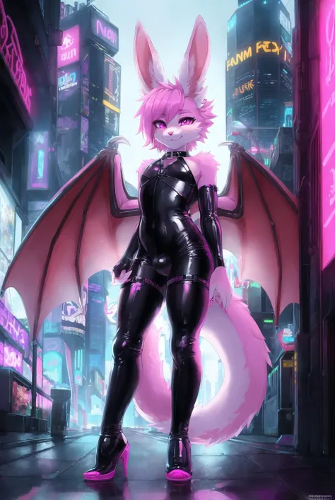 (furry art, Digital art, uploaded_on_e621:1.4, dragon bunny hybrid, anthro furry:1.5), Dragunny "Dragon bunny", Vampire, (((pink fur, purple fur, White fur, male, Solo_focus, femboy))), wearing latex bunny suit under leather harness, large thick Dragon tail covered in fur, Dragon wings, (RTX on, Cyberpunk style, High detail, UHD, 4K, 8K, Beautiful reflections, Best artist, Masterpiece, hyper detailed, full body, cyberpunk, cyberpunk art), outside, Cyberpunk city, on roof, nightime, background: "large towers, blimps, Neon lights, Neon signs"