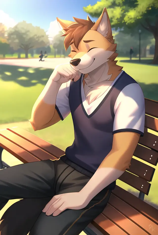 Dog, male, furry, anthropomorphic, wearing casual cloths, solo, outside, in park, siting on bench, in focus, Raytracing lighting, face and upper body focus, looking at viewer, smiling with eyes closed