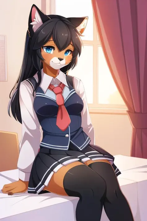 (furry art, Digital art, uploaded_on_e621:1.4, anthro furry:1.5), 1girl, cat, school girl uniform, inside, bedroom, sitting on bed, (Furry art, Digital art, best quality)