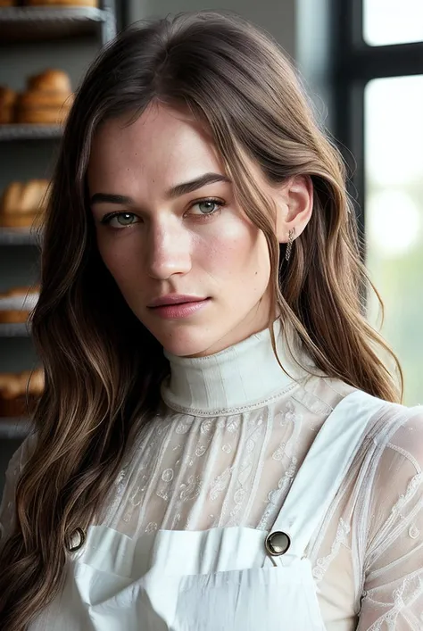 beautiful woman (EP4h3nB0g0m4z0v4:.99), perfect hair, jewelry, ((portrait)), (closeup:1.2), ((from the waist up)), ((( An upscale bakery, featuring a modern interior and a variety of artisanal pastries :1.2 ))), natural skin texture, (( Pinafore dress and short-sleeve turtleneck :1.2)), 24mm, 4k textures, soft cinematic light, adobe lightroom, photolab, hdr, intricate, elegant, highly detailed, sharp focus, ((((cinematic look)))), soothing tones, insane details, intricate details, hyperdetailed, low contrast, soft cinematic light, exposure blend, hdr, faded, now, ("I've got a bad feeling about this.":1.1)