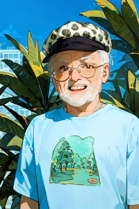 (masterpiece:1.2, best quality:1.2), (illustration) <lora:harold:0.75> harold, (old man), outdoor, glasses, cap, animal print shirt, t-shirt,