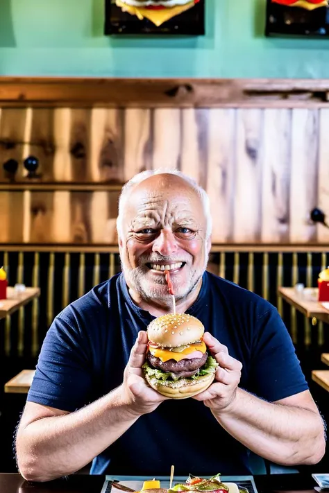 photo of man <lora:harold:1>, in a restaurant, (burger on plate:1.25), , solo, portrait shot, 8k uhd, dslr, high quality, film grain, Fujifilm XT3