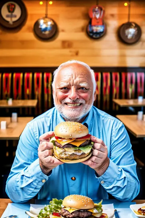 photo of man <lora:harold:0.86>, in a restaurant, (burger on plate:1.25), , solo, portrait shot, 8k uhd, dslr, high quality, film grain, Fujifilm XT3