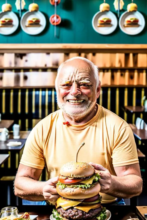 photo of man <lora:harold:1>, in a restaurant, (burger on plate:1.25), , solo, portrait shot, 8k uhd, dslr, high quality, film grain, Fujifilm XT3