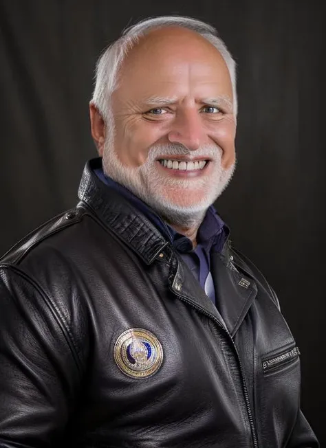 awesome portrait photo of sks man (harold:1) dressed with a black leather jacket, high detailed face, smiling, 8k, , <lora:harold:1>