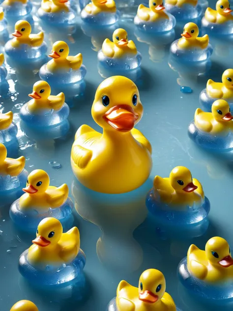 A rubber ducky, eternally frozen in a surprised "quack" expression, surrounded by tiny rubber ducky clones in ral-blueresin. <lora:ral-blueresin-sdxl:1>, <lora:EnvyBetterHiresFixXL01:0:hr=1>