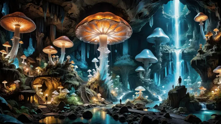 journey to the center of the earth, trail through large underground cavern of giant bioluminescent mushrooms, magnificent 900 foot waterfall, giant crysals.(organic formations, detailed stalagmites stalagtites and crystals, intricate background, extremely beautiful:1.4),.(mixed media, ink accents, florescent color palette, detailed naturalism:1.4).dynamic composition, dramatic and dynamic lighting, cinematic,.<lora:add-detail-xl:1> <lora:xl_more_art-full_v1:0.5><lora:ral-blueresin-sdxl:0.6><lora:ral-amber-sdxl:0.3> <lora:Better_Nature_v1:1.0>.