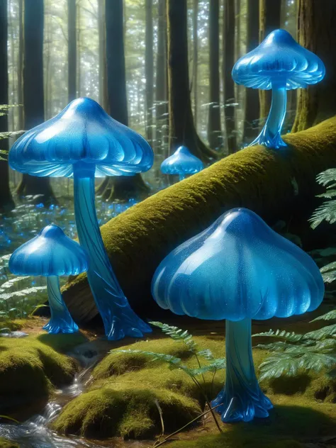 <lora:ral-blueresin-sdxl:1>, <lora:EnvyBetterHiresFixXL01:0:hr=1> A mystical forest where the trees are sculpted from ral-blueresin, fairies float and toadstalls live amongst the forest foliage, masterpiece, HDR