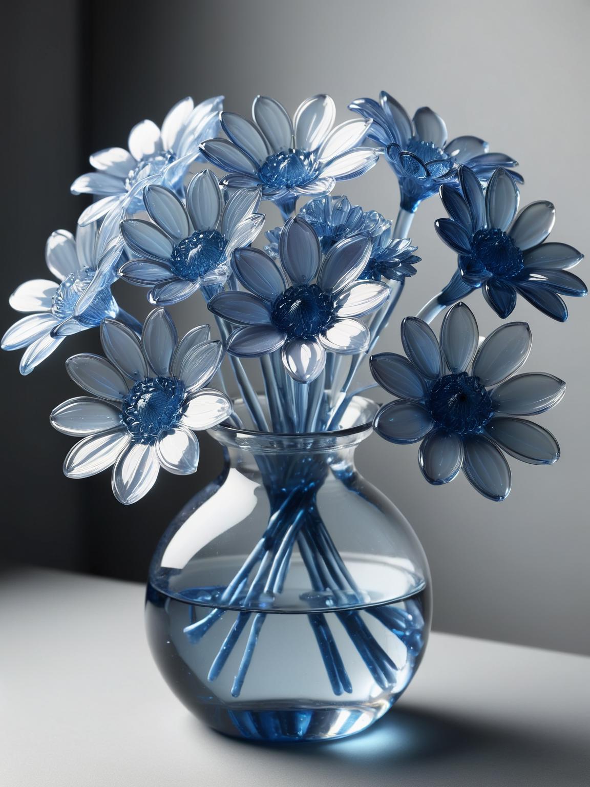 There is a vase with blue flowers in it on a table - SeaArt AI