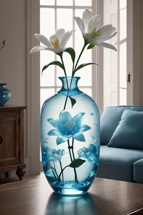 a flower made of ral-blueresin in a vase in a modern living room,<lora:ral-blueresin-sd15:0.8> ,masterpiece