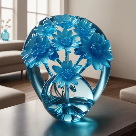 <lora:ral-blueresin:0.85> a flower made of ral-blueresin in a vase in a modern living room