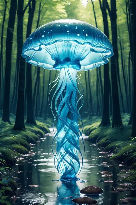 colorfull jellyfish,mushroom, nature, forest, outdoors, tree, walking, water, <lora:ral-blueresin-sd15:0.8>made of ral-blueresin