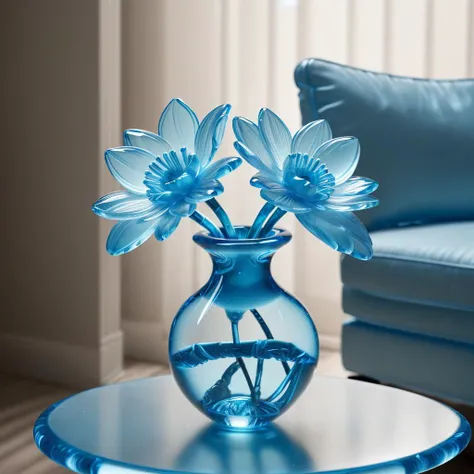 <lora:ral-blueresin:0.85> a flower made of ral-blueresin in a vase in a modern living room