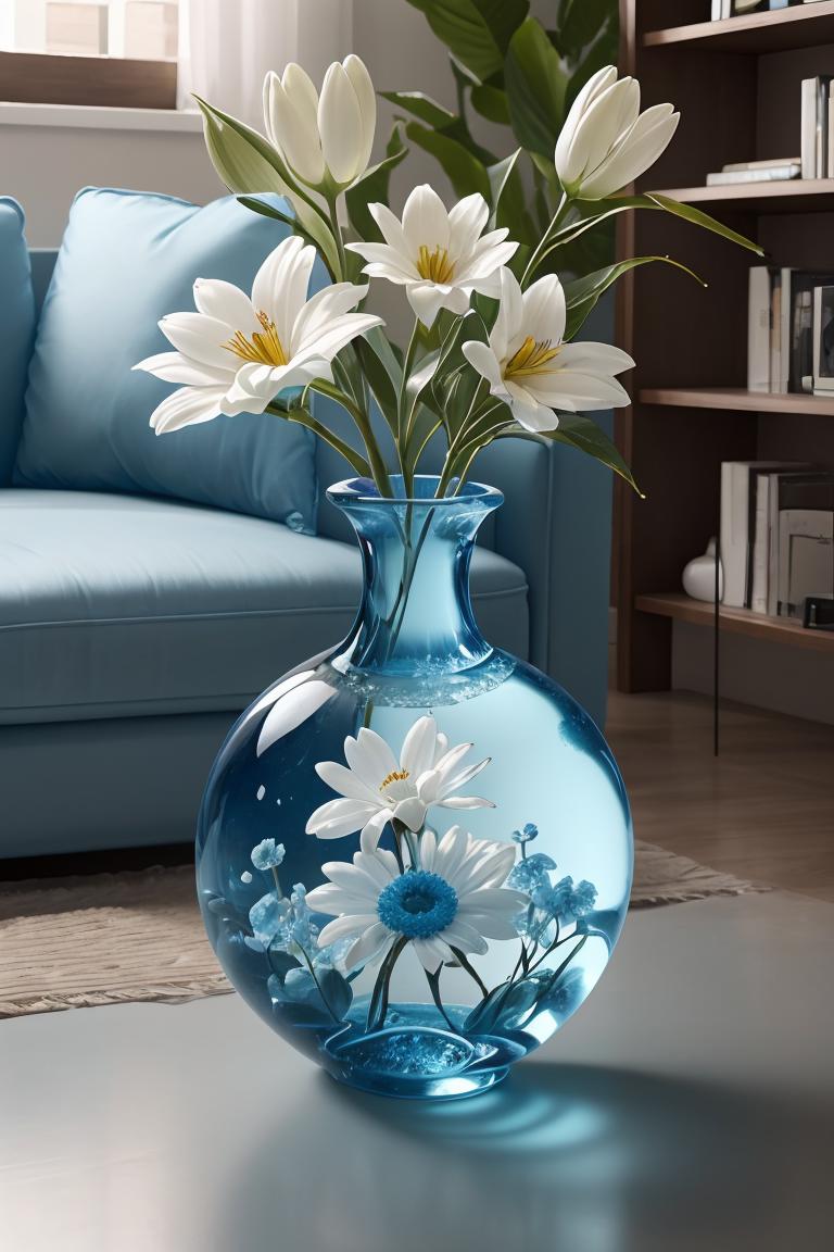 There is a blue vase with white flowers in it on a table - SeaArt AI