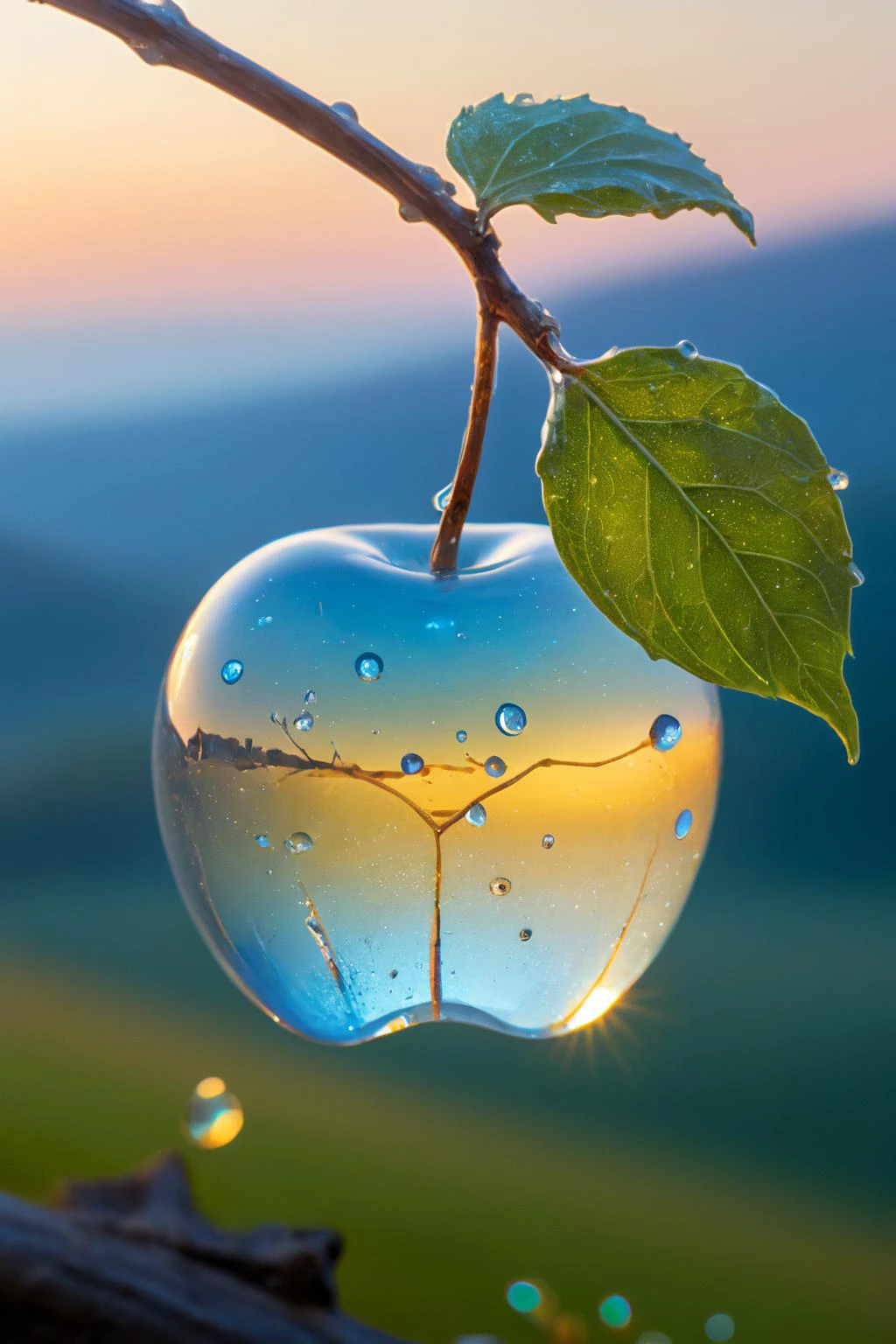 a delicate apple made of opal hung on branch in the early morning light,adorned with glistening dewdrops. in the background beautiful valleys,divine iridescent glowing,opalescent textures,volumetric light,ethereal,sparkling,light inside body,bioluminescence,studio photo,highly detailed,sharp focus,<lora:add-detail-xl:1>,<lora:ral-blueresin-sdxl:0.7>,ral-blueresin,