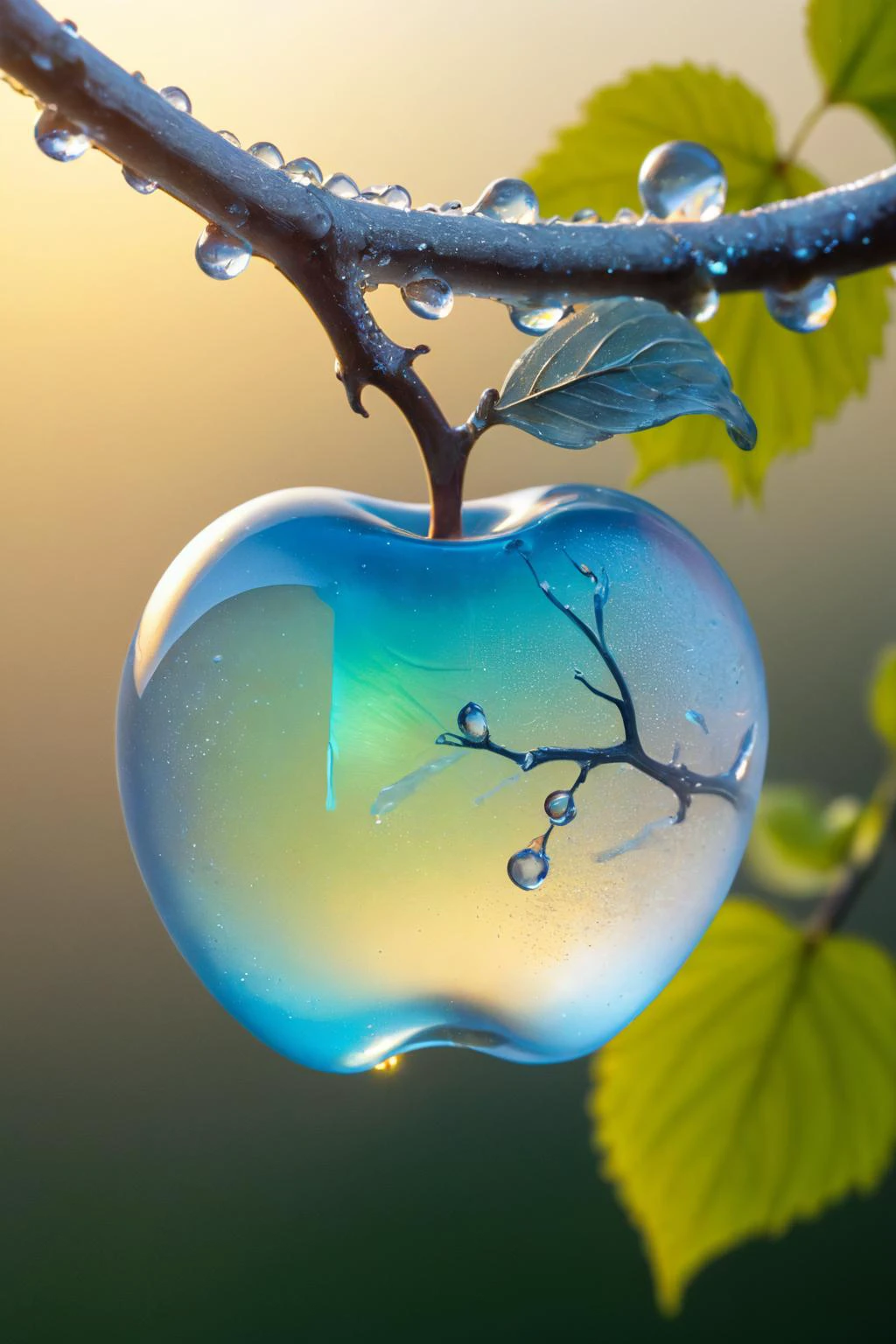 a delicate apple made of opal hung on branch in the early morning light,adorned with glistening dewdrops. in the background beautiful valleys,divine iridescent glowing,opalescent textures,volumetric light,ethereal,sparkling,light inside body,bioluminescence,studio photo,highly detailed,sharp focus,<lora:add-detail-xl:1>,<lora:ral-blueresin-sdxl:0.7>,ral-blueresin,