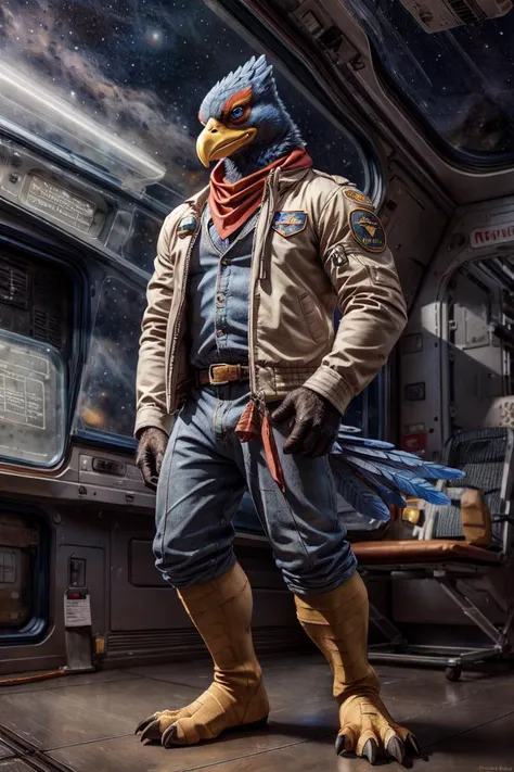 falco lombardi, avian, bird, safe, clothed, anthro, beak, blue body, blue feathers, blue eyes, feathers, male, neckerchief, wearing jacket, topwear, bottomwear, uniform, space station, science fiction, smile, solo, space, star, front view, yellow beak, feet, avian feet, night, city, fullbody, claws, paws, toe claws, standing
BREAK,
by rukis, by personalami, by kenket, (intricate, high detail, film photography, soft focus, RAW candid cinema,
photorealism, realistic, photorealistic, analog style, subsurface scattering,
masterpiece, best quality, ultra realistic, 8k)