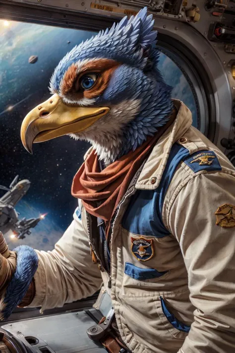 falco lombardi, avian, bird, safe, clothed, anthro, beak, blue body, blue feathers, blue eyes, feathers, male, neckerchief, wearing jacket, topwear, bottomwear, uniform, space station, science fiction, smile, solo, space, star, front view, yellow beak, feet, avian feet, night, city, fullbody, claws, paws, toe claws,
BREAK,
by rukis, by personalami, by kenket, (intricate, high detail, film photography, soft focus, RAW candid cinema,
photorealism, realistic, photorealistic, analog style, subsurface scattering,
masterpiece, best quality, ultra realistic, 8k)