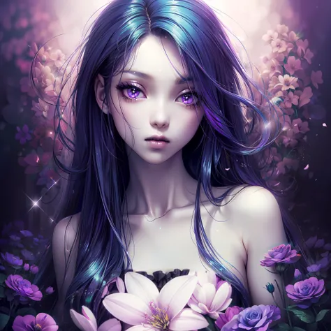 very long hair, soft ((glossy eyes)), sparkles, flowers, (((Soft Grunge))), <lora:copax_bokeh_v1:1> <lora:more_details:0.3>, depth of field, blue hair, purple eyes